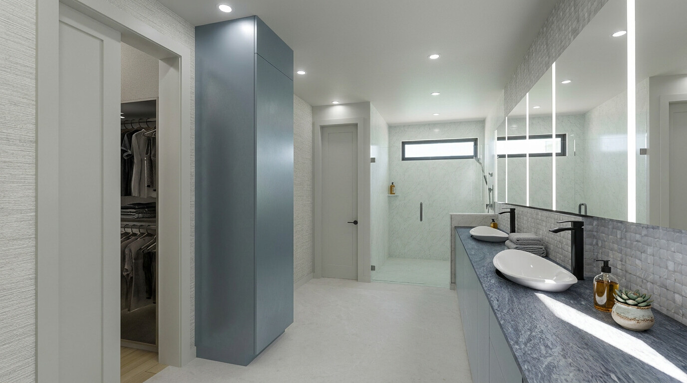 The primary bathroom looking toward the walk-in shower, with the dressing room through a door on the left.
