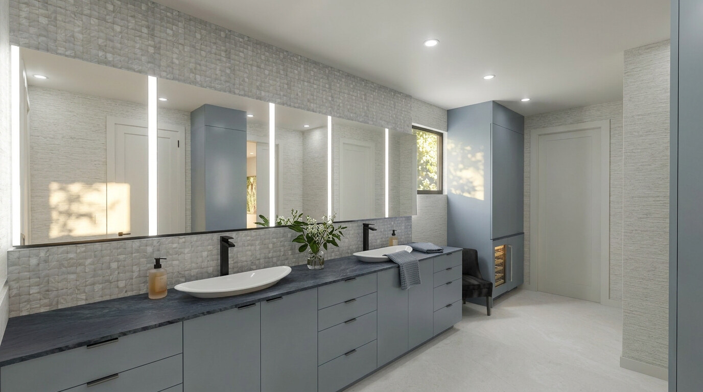The primary bathroom: a long double vanity in blue-grey with a dark stone top and a pearl mosaic wall.