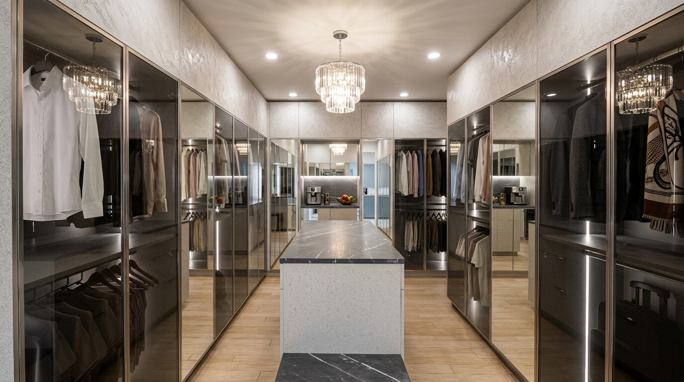 The primary dressing room: mirrored and glazed cabinetry either side of a stone-topped island.