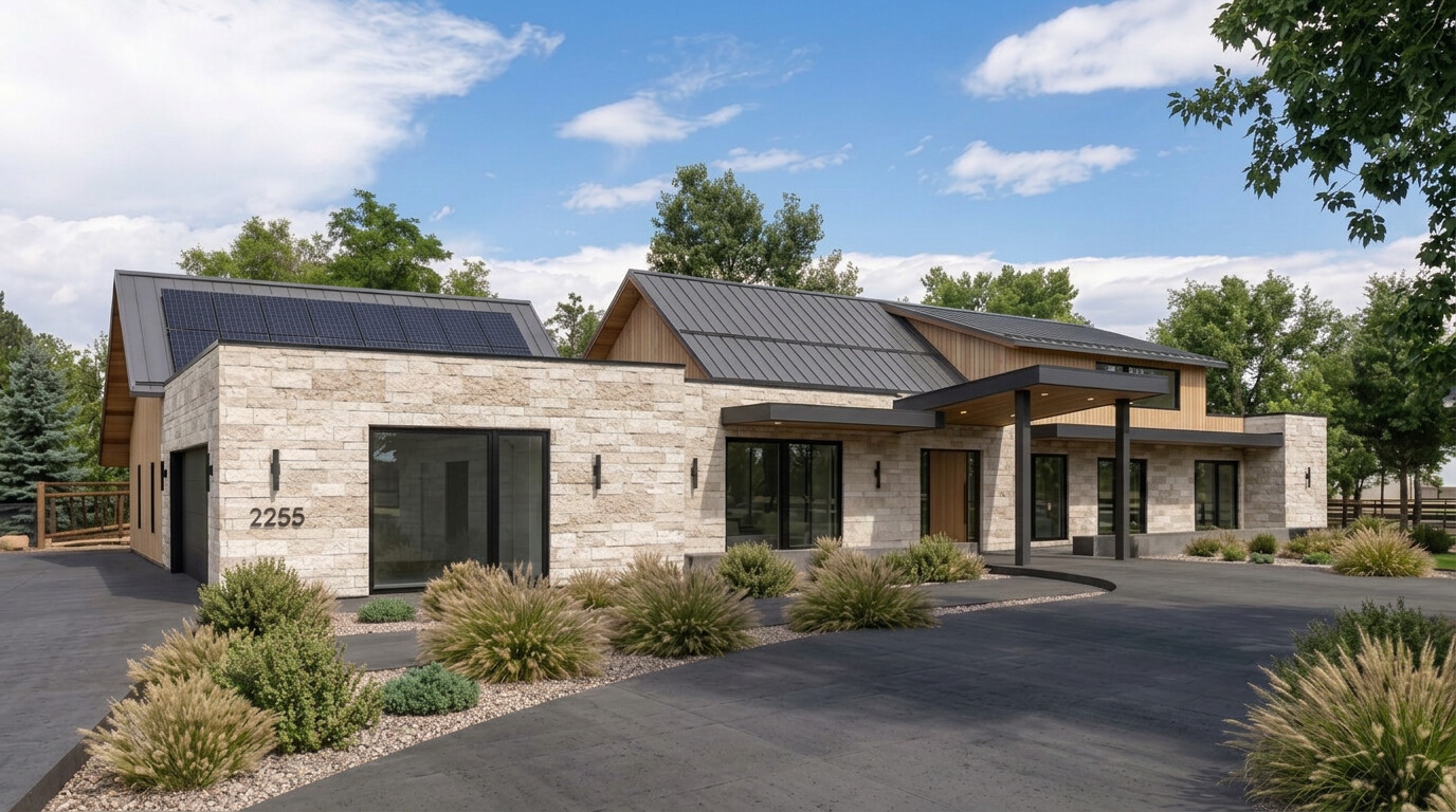 The front of the house at 2255 Emerald Road: stone and vertical wood under a standing seam roof, with solar panels on the roof and a covered entry beyond the drive.
