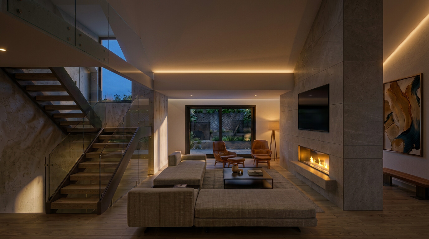 The same living room in the evening, lit by the fire and a cove light along the ceiling.