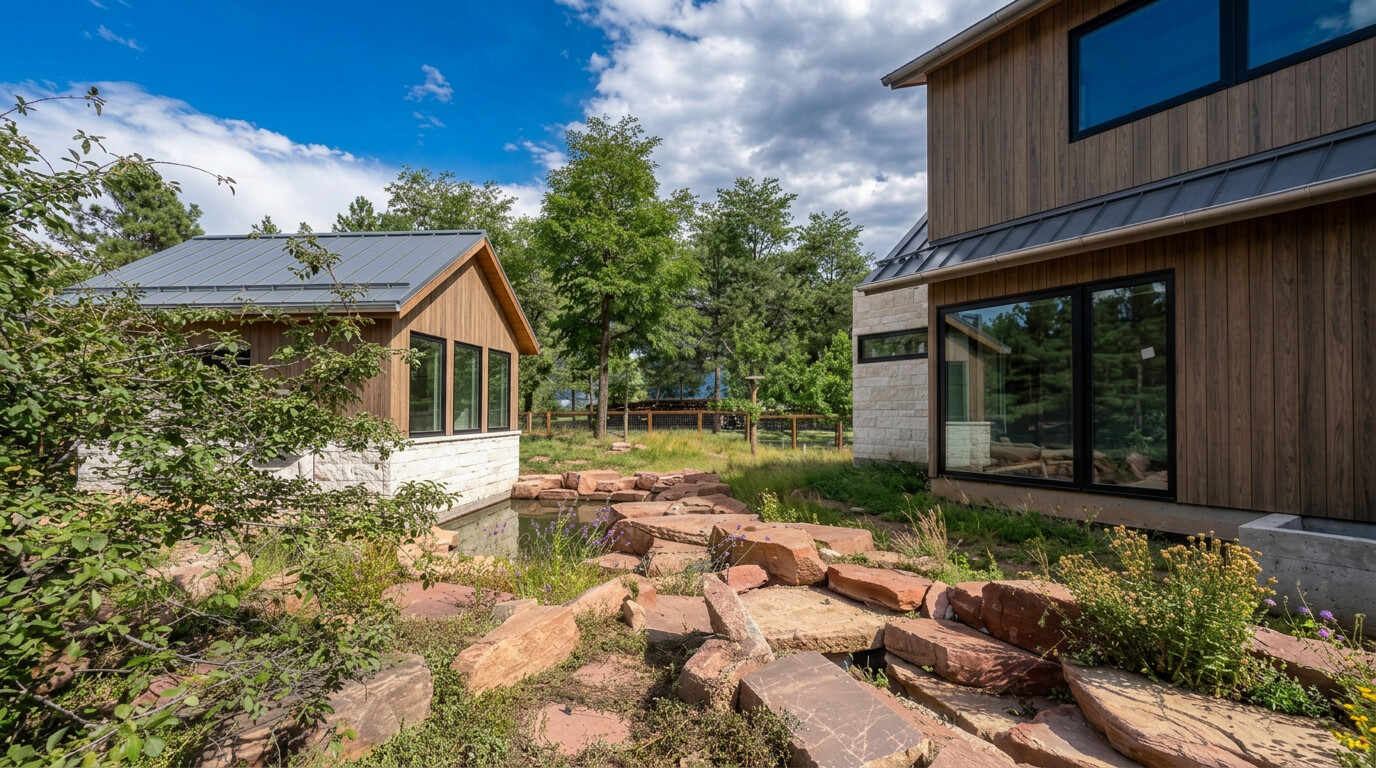 The pond and sandstone boulders between the house and the garden building.