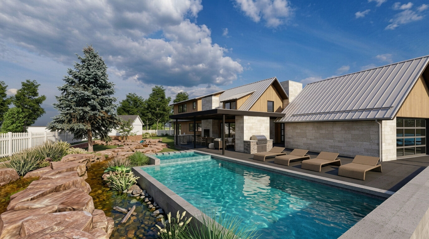 The pool and terrace, with the outdoor kitchen under a deep covered porch and the pond beyond.