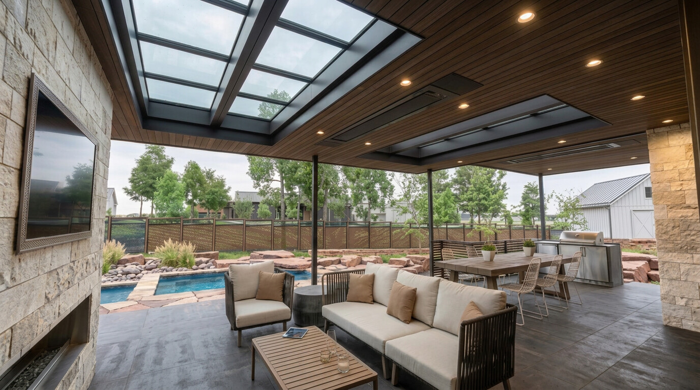 The rear of the house, with the pool and a sandstone water course running past the covered porch.